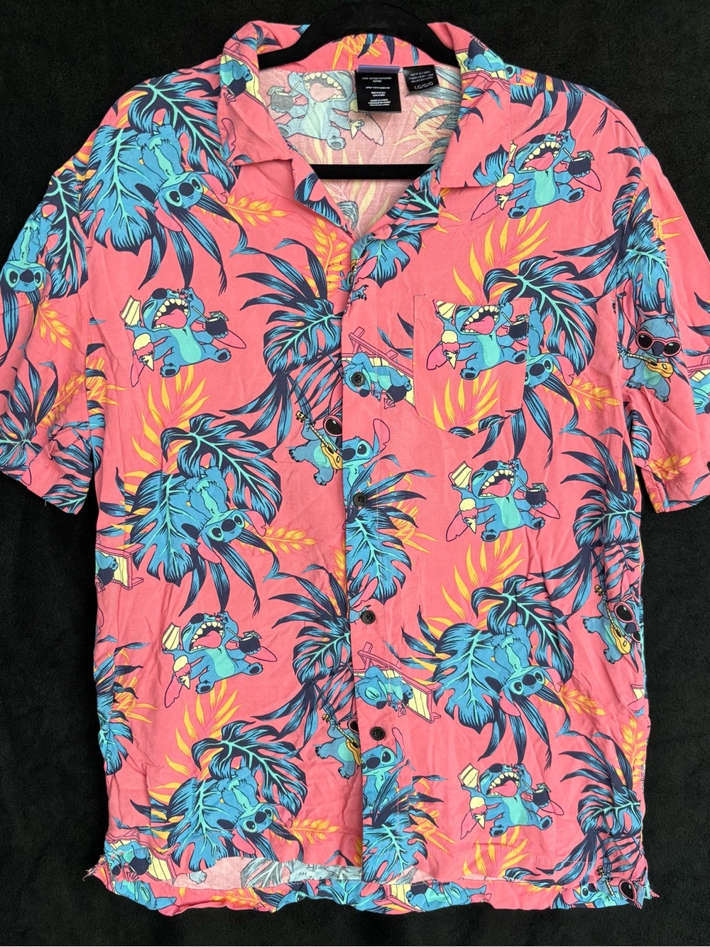 Disney Coral Pink Hawaiian Stitch Camp Shirt with Bright Blue Motifs